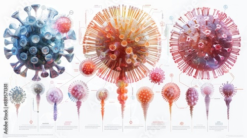 A visual comparison of different virus strains, displayed side by side with labels and descriptions for clarity. photo