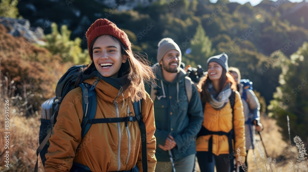 Candid portrait of friends enjoying a hike in the mountains.