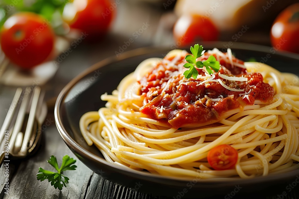 A plate of spaghetti with tomato sauce and parmesan cheese A plate of spaghetti with tomato sauce and parmesan cheese