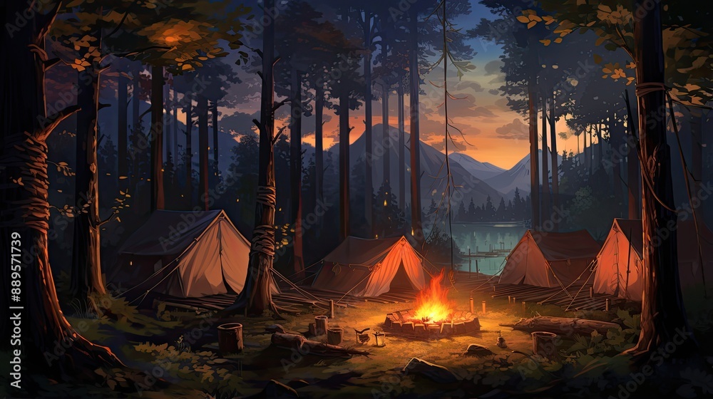 Campsite in a forest with a campfire and a lake in the background. Campsite in a forest with a campfire and a lake in the background.