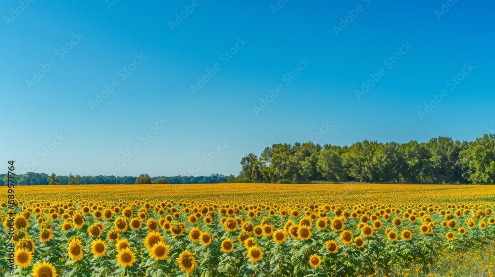 Sunny Vistas: Expansive Sunflower Field in Full Bloom Under a Clear Blue Sky, Copy Space Sunny Vistas: Expansive Sunflower Field in Full Bloom Under a Clear Blue Sky, Copy Space