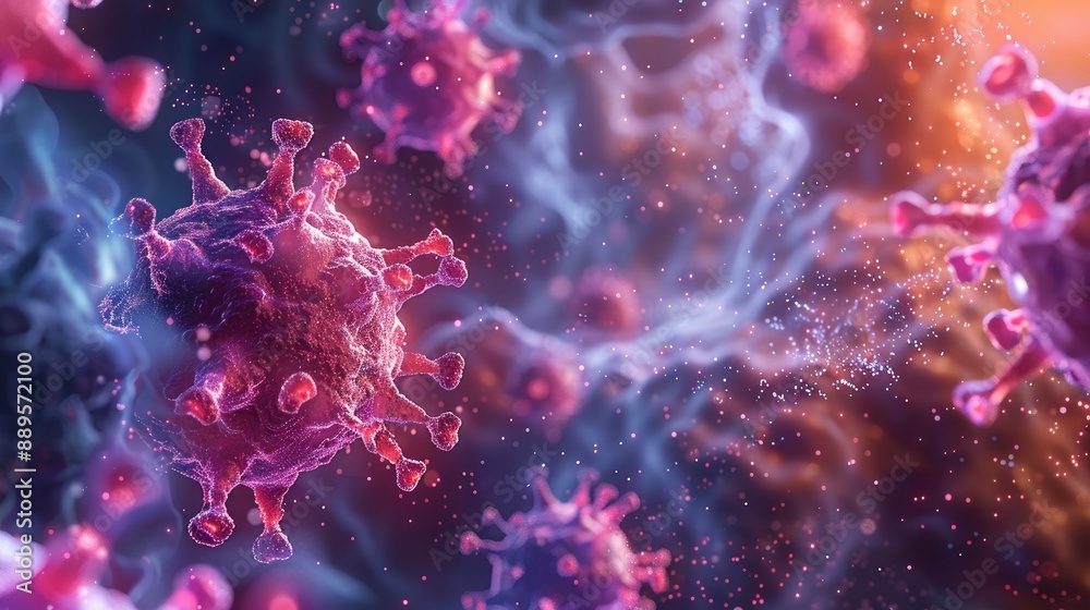 A colorful representation of virus particles interacting with human cells, showcasing the infection process in a visually engaging way. A colorful representation of virus particles interacting with human cells, showcasing the infection process in a visually engaging way.