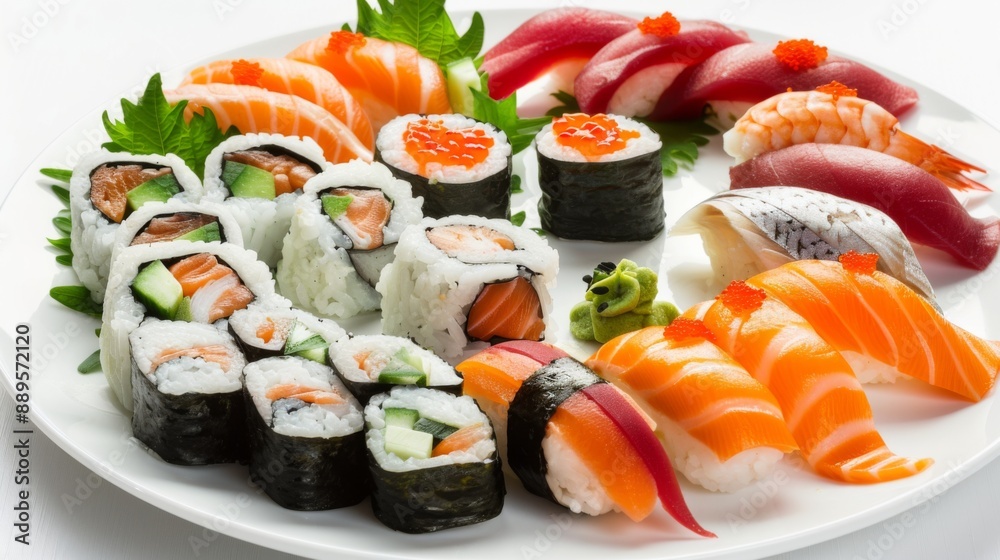 Exquisite Sushi Plates Featuring Artful Arrangements of Fresh Seafood, Rice, and vegetables Exquisite Sushi Plates Featuring Artful Arrangements of Fresh Seafood, Rice, and vegetables