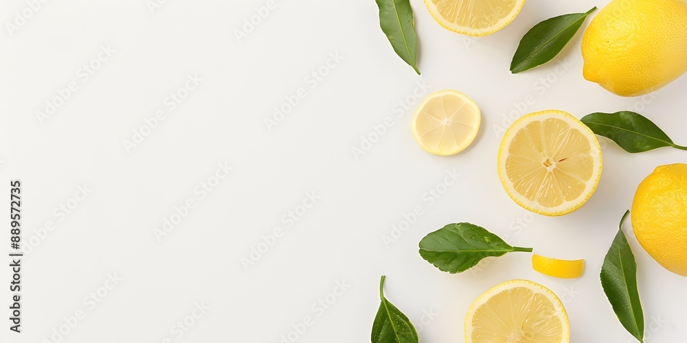 Lemon Slices with Green Leaves on a Minimal White Background with Space for Text Lemon Slices with Green Leaves on a Minimal White Background with Space for Text