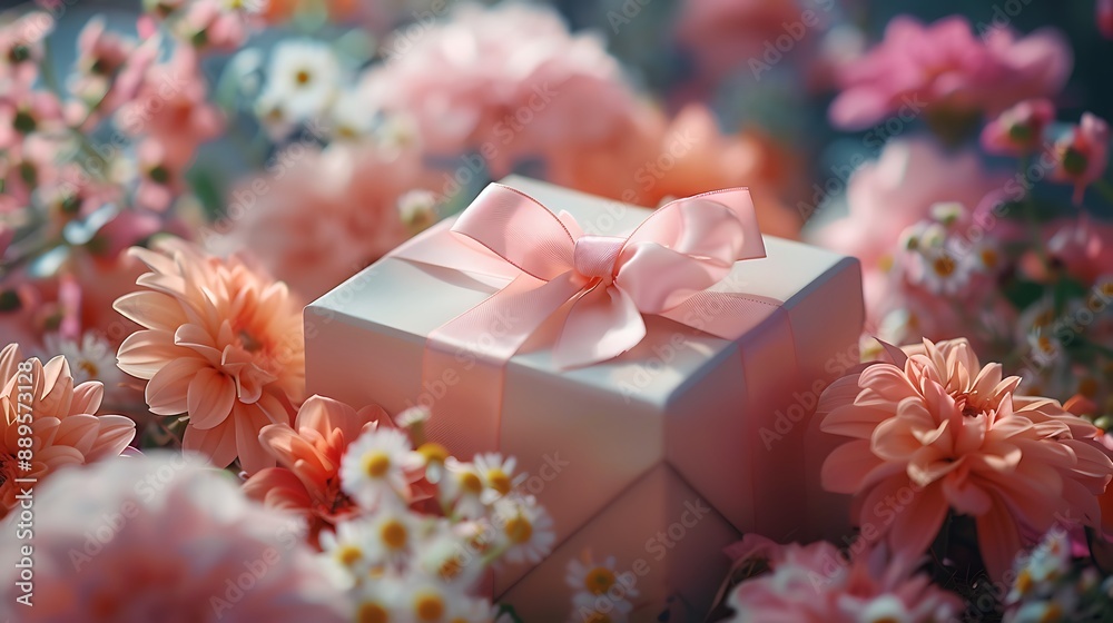A surprise gift box with a pastel ribbon and bow, nestled in a bed of flowers, the soft colors and natural light creating a serene and enchanting scene. Captured with a DSLR, wide-angle view, A surprise gift box with a pastel ribbon and bow, nestled in a bed of flowers, the soft colors and natural light creating a serene and enchanting scene. Captured with a DSLR, wide-angle view,