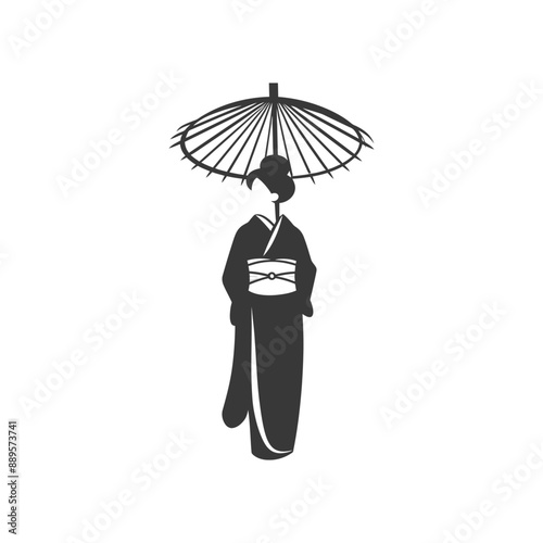 japanese women wearing kimono traditional clothing minimalist line art icon logo symbol