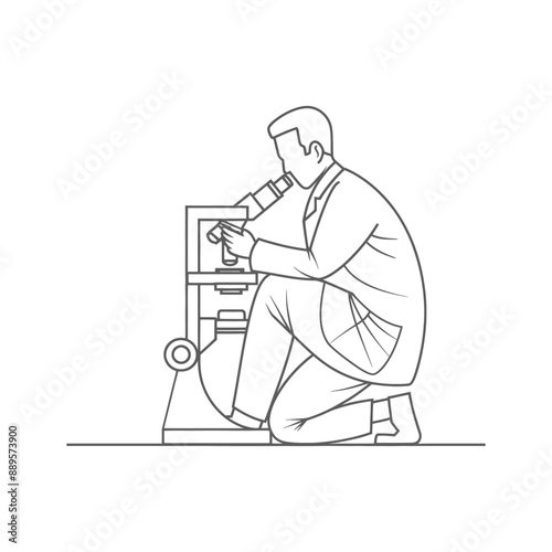 man scientists looking through microscope in minimalist line art icon logo symbol