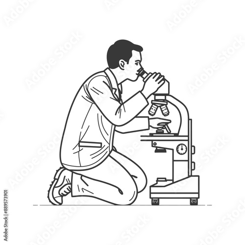 man scientists looking through microscope in minimalist line art icon logo symbol