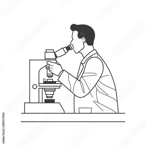 man scientists looking through microscope in minimalist line art icon logo symbol