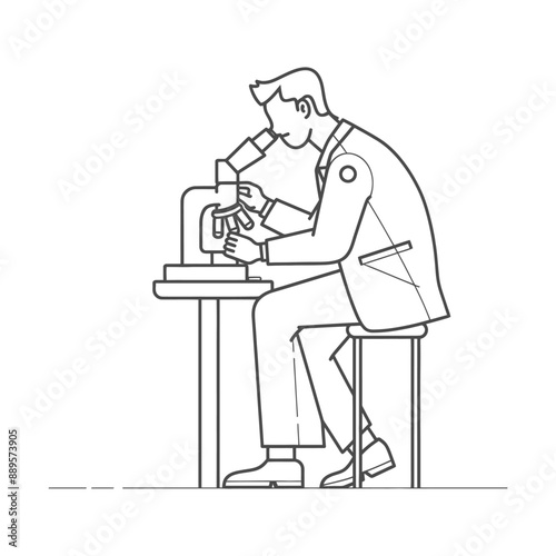 man scientists looking through microscope in minimalist line art icon logo symbol