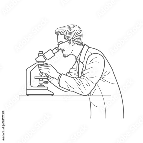 man scientists looking through microscope in minimalist line art icon logo symbol