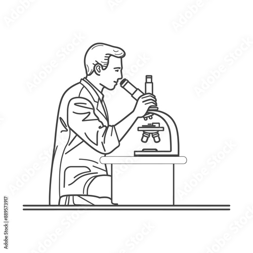 man scientists looking through microscope in minimalist line art icon logo symbol