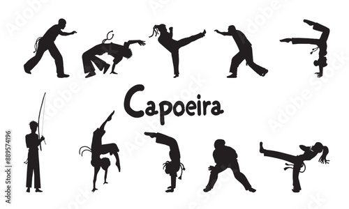 Set of black silhouettes of people playing Capoeira the Brazilian sport. Isolated on transparent background.