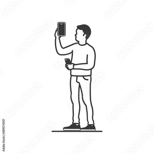man taking selfie photo on smartphone in minimalist line art icon logo symbol