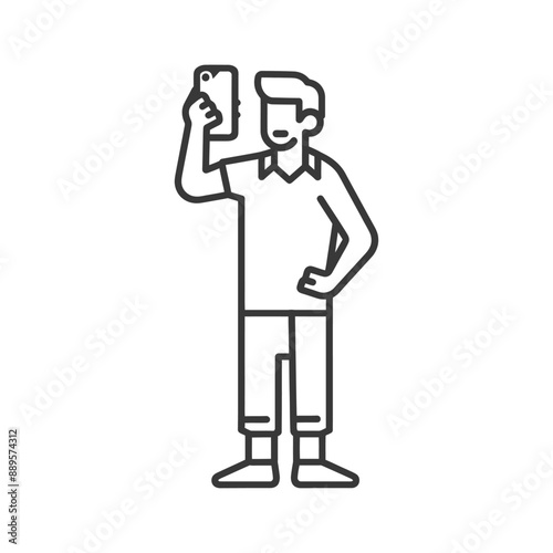man taking selfie photo on smartphone in minimalist line art icon logo symbol
