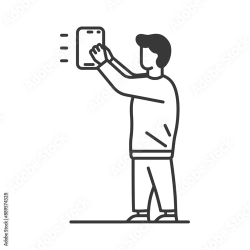 man taking selfie photo on smartphone in minimalist line art icon logo symbol