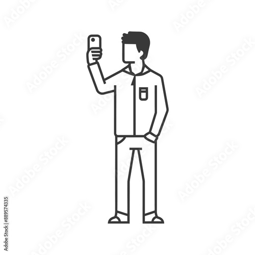 man taking selfie photo on smartphone in minimalist line art icon logo symbol