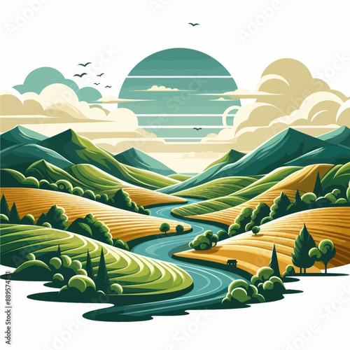  vector of landscape with rolling hill and trees  mountains and clouds