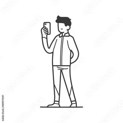 man taking selfie photo on smartphone in minimalist line art icon logo symbol