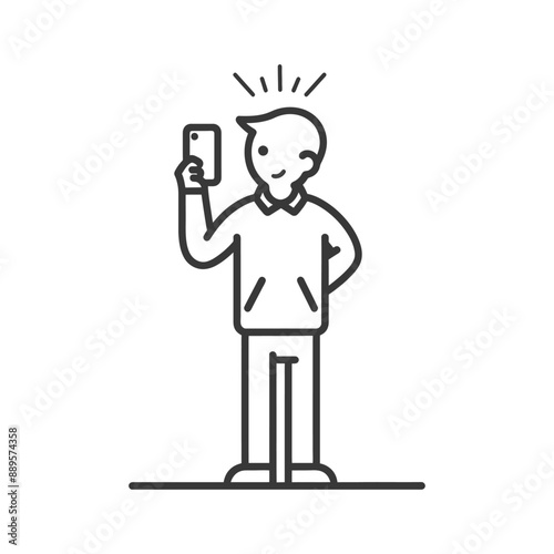 man taking selfie photo on smartphone in minimalist line art icon logo symbol