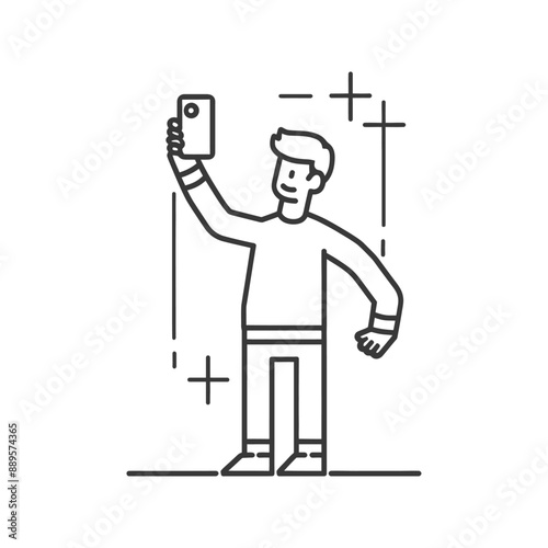 man taking selfie photo on smartphone in minimalist line art icon logo symbol