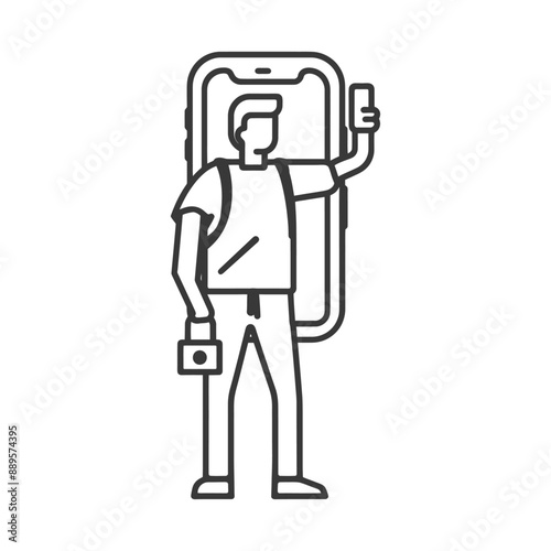 man taking selfie photo on smartphone in minimalist line art icon logo symbol