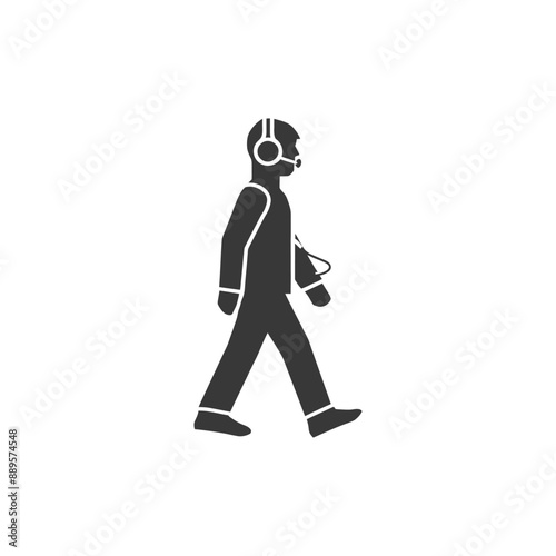 man walking while listening to headset in minimalist line art icon logo symbol