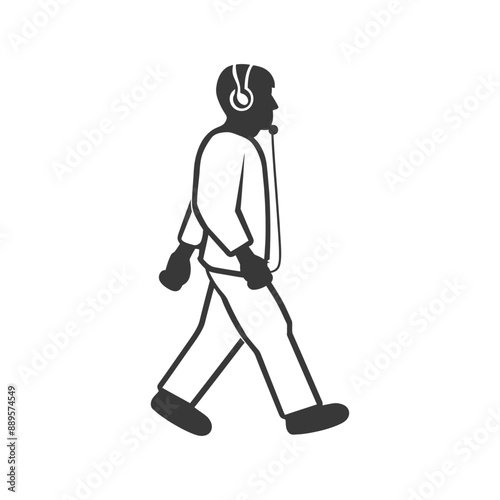 man walking while listening to headset in minimalist line art icon logo symbol