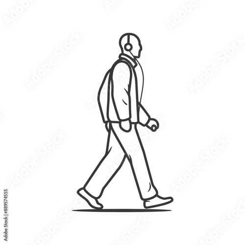 man walking while listening to headset in minimalist line art icon logo symbol