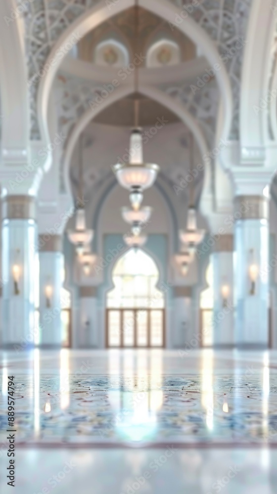 Fototapeta premium Blurred Muslim mosque interior with no people, classical interior, light colors, background, wallpaper