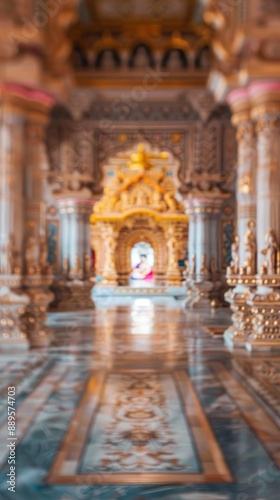 Blurred Hindu temple interior with no people, classical interior, light colors, background, wallpaper 