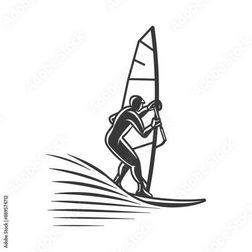 man windsurfing athlete in action in minimalist line art icon logo symbol