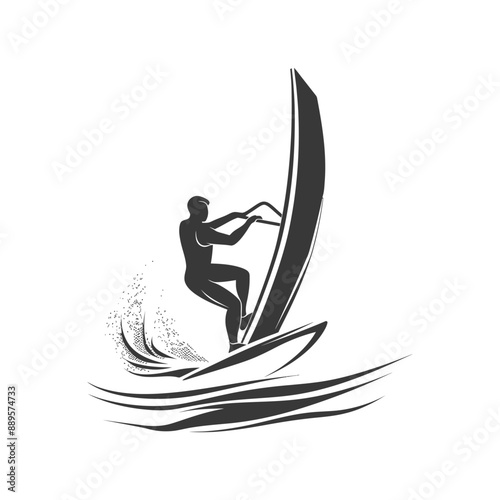 man windsurfing athlete in action in minimalist line art icon logo symbol