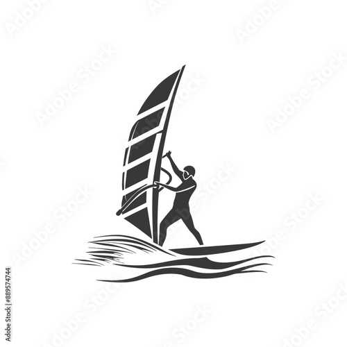 man windsurfing athlete in action in minimalist line art icon logo symbol