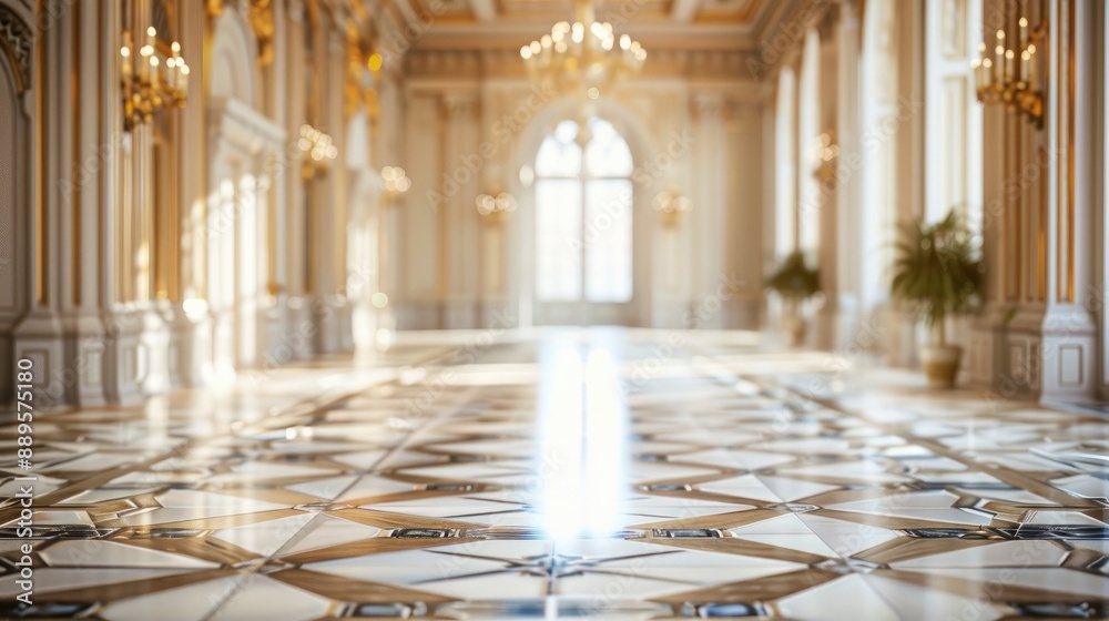 Obraz premium Modern luxurious blurred palace interior with no people, advertising, background, wallpaper, space for text