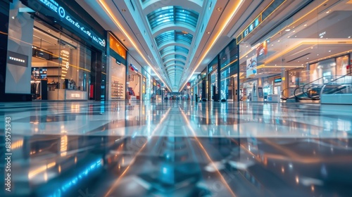 Modern luxury blurred shopping mall interior with no people, advertising, background, wallpaper, space for text © shooreeq
