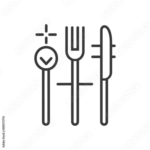 Line Art Icon: Approved Restaurant Cutlery Set - Fork, Knife, Checkmark