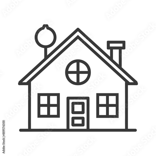 Simple Line Art Suburban House Icon with Round Window and Satellite Dish