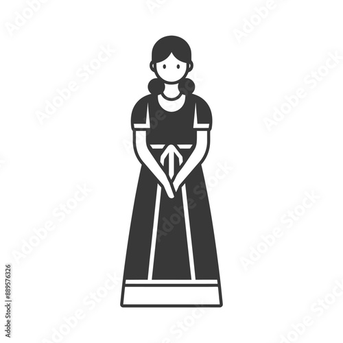 Monochromatic Illustration: Young Woman in Traditional Folded-Hands Dress