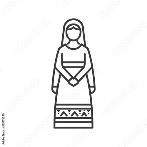 Line Art Illustration: Veiled Woman in Traditional Long Dress with Geometric Hem Detail