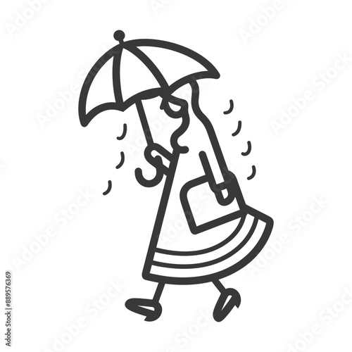 Rainy Day Doodle: Woman in Raincoat with Umbrella Braving Storm