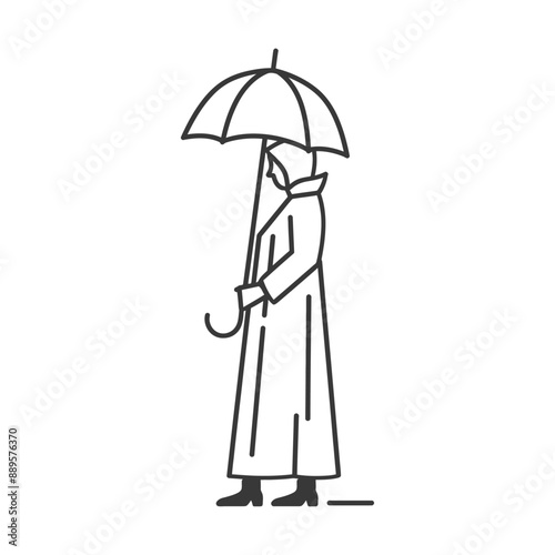 Minimalist Line Art: Woman in Raincoat and Umbrella, Rainy Day Solitude
