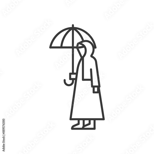 Rainy Day Minimalist Line Art: Person in Hooded Raincoat with Umbrella