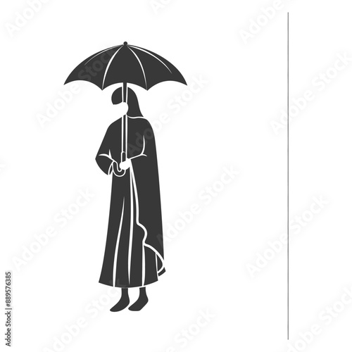 Silhouette of a Figure in a Long Cloak Under an Umbrella