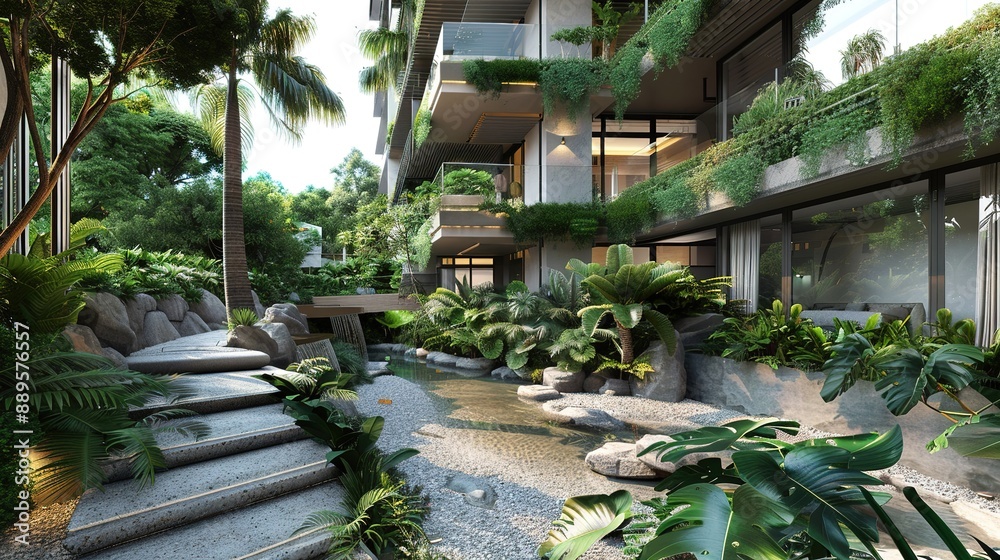 Tropical Courtyard With Stone Steps And Small Waterfall Tropical Courtyard With Stone Steps And Small Waterfall
