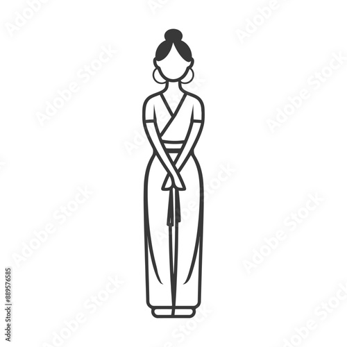 Elegant Asian Woman in Traditional Attire, Minimalist Line Art Illustration