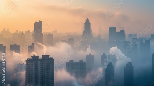 A city skyline shrouded in smog, demonstrating urban air pollution and its contribution to global warming