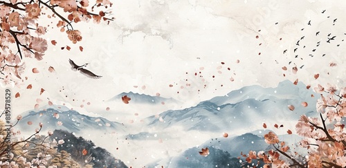 A serene landscape painting, a majestic crane soars across a misty sky, while delicate pink petals fall from blossoming branches, framing a tranquil mountain vista.