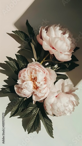 Pink peonies and leaves with hard shadow on pastel background