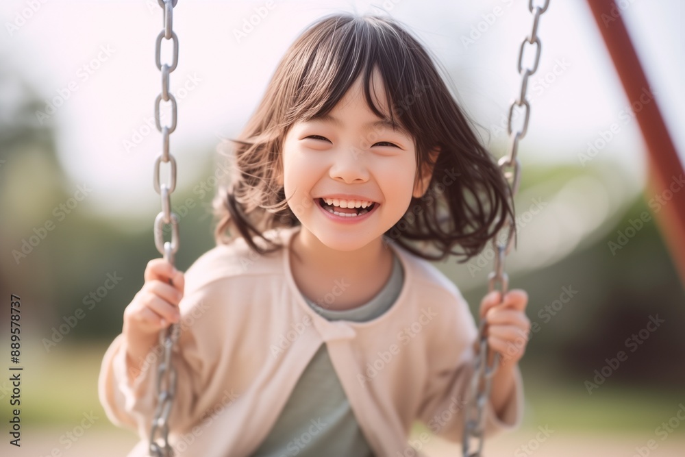 Lovely little girl playing on a swing set in playground Lovely little girl playing on a swing set in playground
